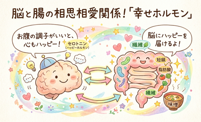 脳と腸の相思相愛な関係を描いた可愛いイラスト。お味噌汁で腸を整え、幸せホルモンを脳に届けるイメージ。